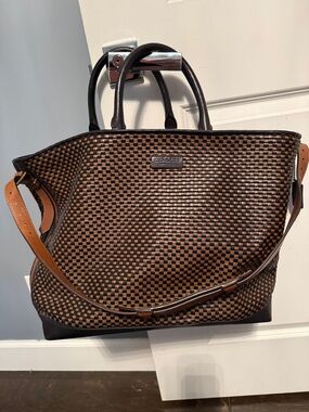 Coach Brown and Black Woven Tote with Leather Strap